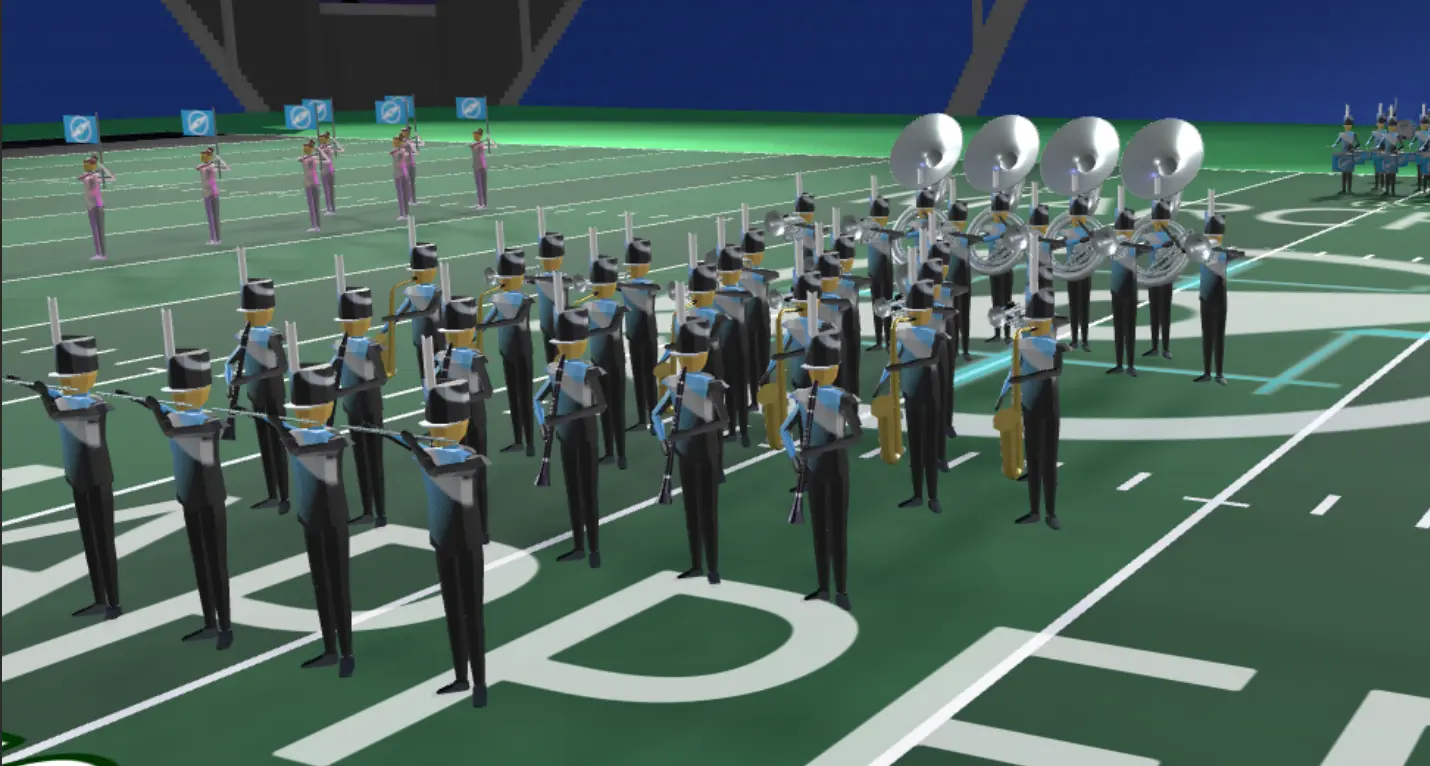 Marchers with equipment on the field